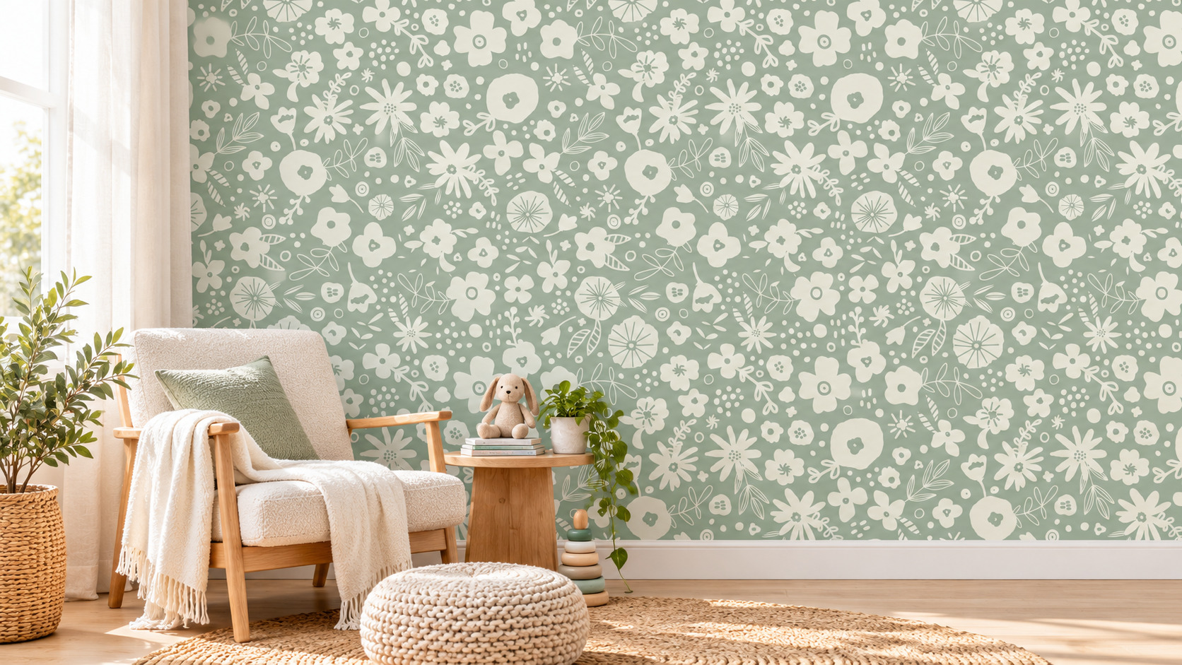 Sage Green Botanical Wallpaper in a styled reading nook